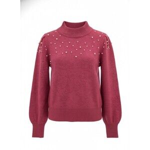 ​CeCe S Fuchsia Pink Pearl Embellished Mock Neck Sweater Puff Sleeve Coquette